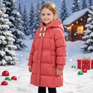 商场同款Abckids连帽中长款羽绒服2025冬季新款女童加厚保暖外套