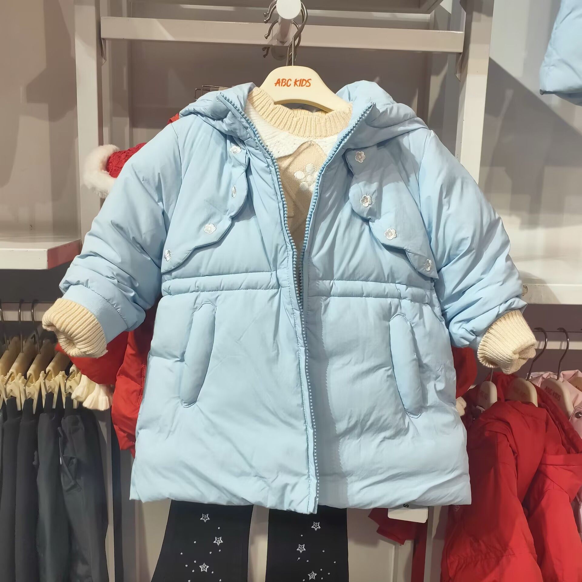 商场同款Abckids女童中长款蓝色收腰羽绒服连帽保暖外套85%含绒量