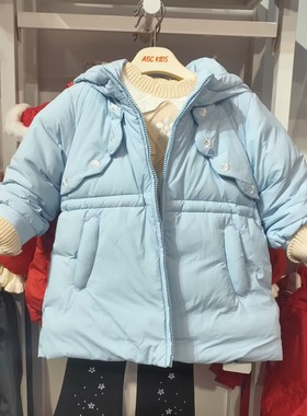 商场同款Abckids女童中长款蓝色收腰羽绒服连帽保暖外套85%含绒量