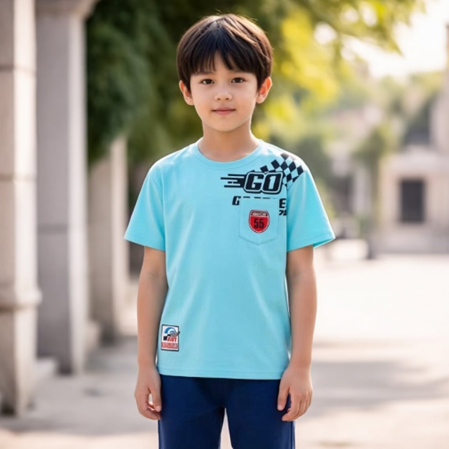 Abckids夏季卡通印花短袖T恤男童圆领舒适透气蓝色上衣F322301389