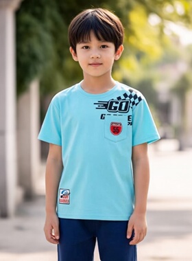 Abckids夏季卡通印花短袖T恤男童圆领舒适透气蓝色上衣F322301389