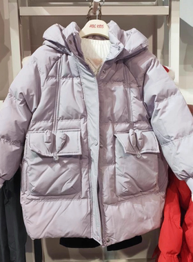 商场同款Abckids紫色中长款连帽羽绒服女冬季工装口袋保暖外套
