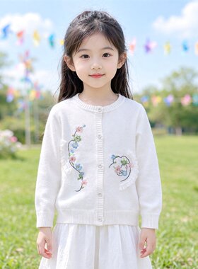 商场同款Abckids甜美风花卉刺绣针织开衫女童白色长袖毛衣外套