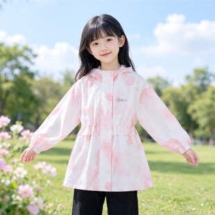 商场同款Abckids女童粉色印花连帽风衣中长款收腰外套新款
