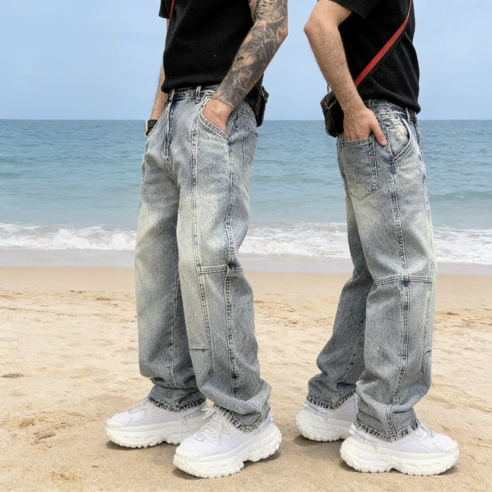 2026春夏秋季新款拼接直筒宽松牛仔裤男韩版弯刀裤痞帅哈伦香蕉裤,男装,牛仔裤,淘宝优惠券,粉丝福利购,淘宝优惠卷