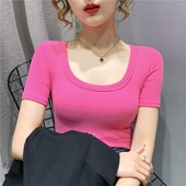 t恤女大圆领紧身上衣新款 修身 显瘦半袖 螺纹棉u领短袖 正肩打底衫 夏