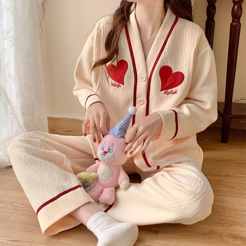 감금 옷 잠옷 여성 봄 가을 에어 코튼 임산부 산후 간호 옷 수유 옷 브이넥 사랑 살구 가정복