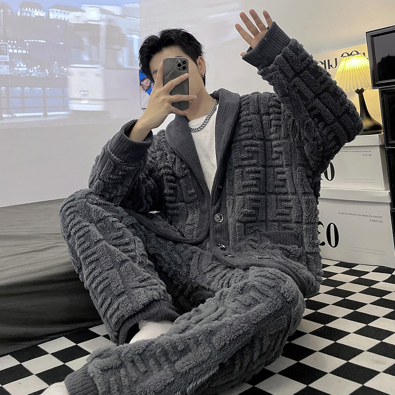 남성 잠옷 가을 겨울 두꺼운 산호 벨벳 2024 새로운 자카드 그레이 라펠 가디건 청소년 정장