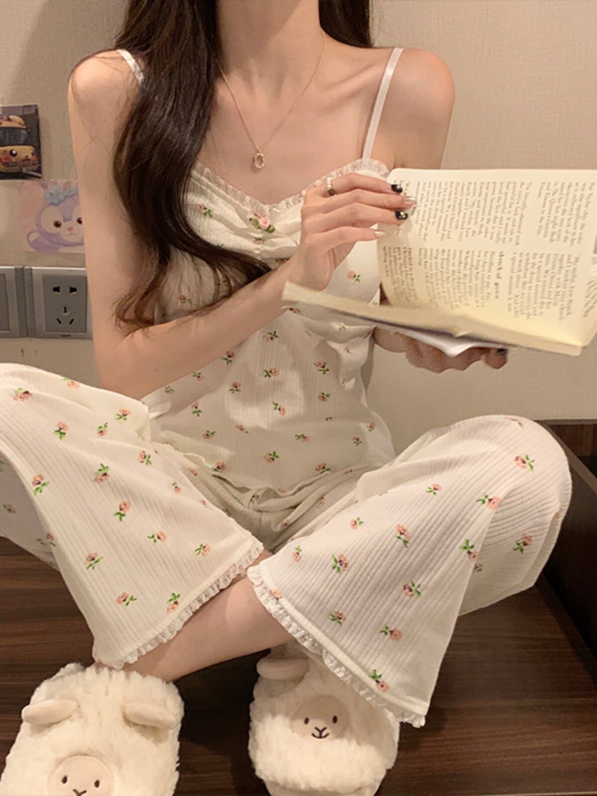 여성용 긴팔 잠옷 봄 가을 순면 2024 새로운 스타일 순정 스타일 섹시한 꽃무늬 가슴 패드가 있는 쓰리피스 슈트