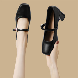 玛丽珍女鞋2025年春夏新款百搭中跟方头浅口高跟鞋粗跟一字带单鞋