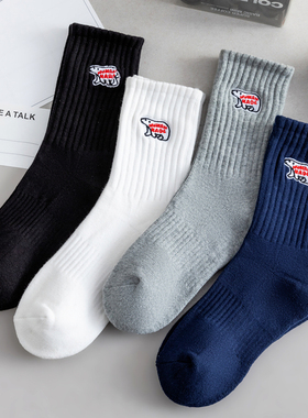 ADCACRORR袜子男长袜秋冬季北极熊中筒袜日系运动白色纯棉篮球潮