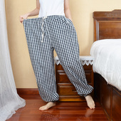 休闲睡裤 女格子简约薄款 男纯棉外穿宽松 春秋情侣家居束脚长裤 大码