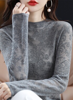 早春新款镂空羊毛衫女半高领纯色韩版蕾丝打底衫羊绒针织长袖毛衣