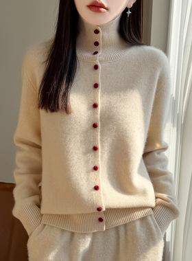 2026春秋新款高领针织开衫女宽松长袖毛衣女士女装高级感外套上衣