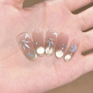 【烟雨江南】国风竹子玻璃珠猫眼手工穿戴甲清冷感蝴蝶腮红美甲贴