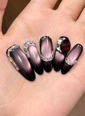 【暗紫星河】轻奢高级紫色猫眼手工穿戴甲爆闪中长款小众美甲贴片