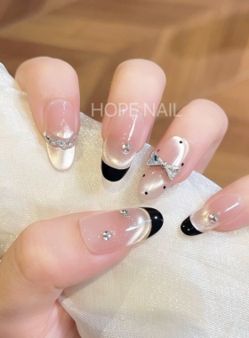 【黑金派对】千金法式波点猫眼手工穿戴甲黑色蝴蝶结爆闪美甲贴片