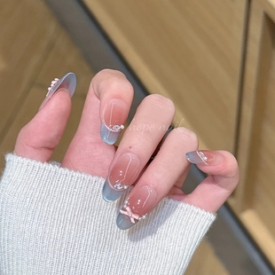 【海盐】纯手工穿戴甲法式猫眼腮红晕染蝴蝶结显白温柔气质美甲片