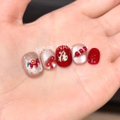 福气满满 新年红色波点猫眼手工穿戴甲喜庆小马糖葫芦短甲美甲