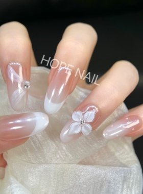 【云间白槿】高级感海莉白色法式飘带手工穿戴甲纯欲雕花美甲贴片
