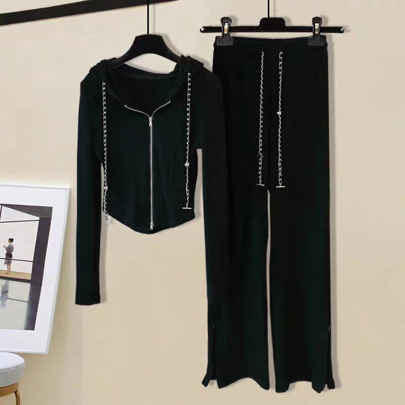 여성을위한 게으른 스타일 스포츠 정장 2024 가을 새로운 슬림 후드 긴팔 탑 캐주얼 바지 패션 투피스 세트