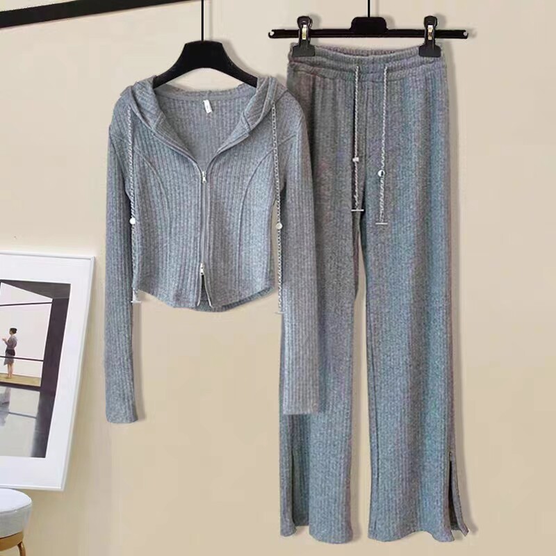 여성을위한 게으른 스타일 스포츠 정장 2024 가을 새로운 슬림 후드 긴팔 탑 캐주얼 바지 패션 투피스 세트