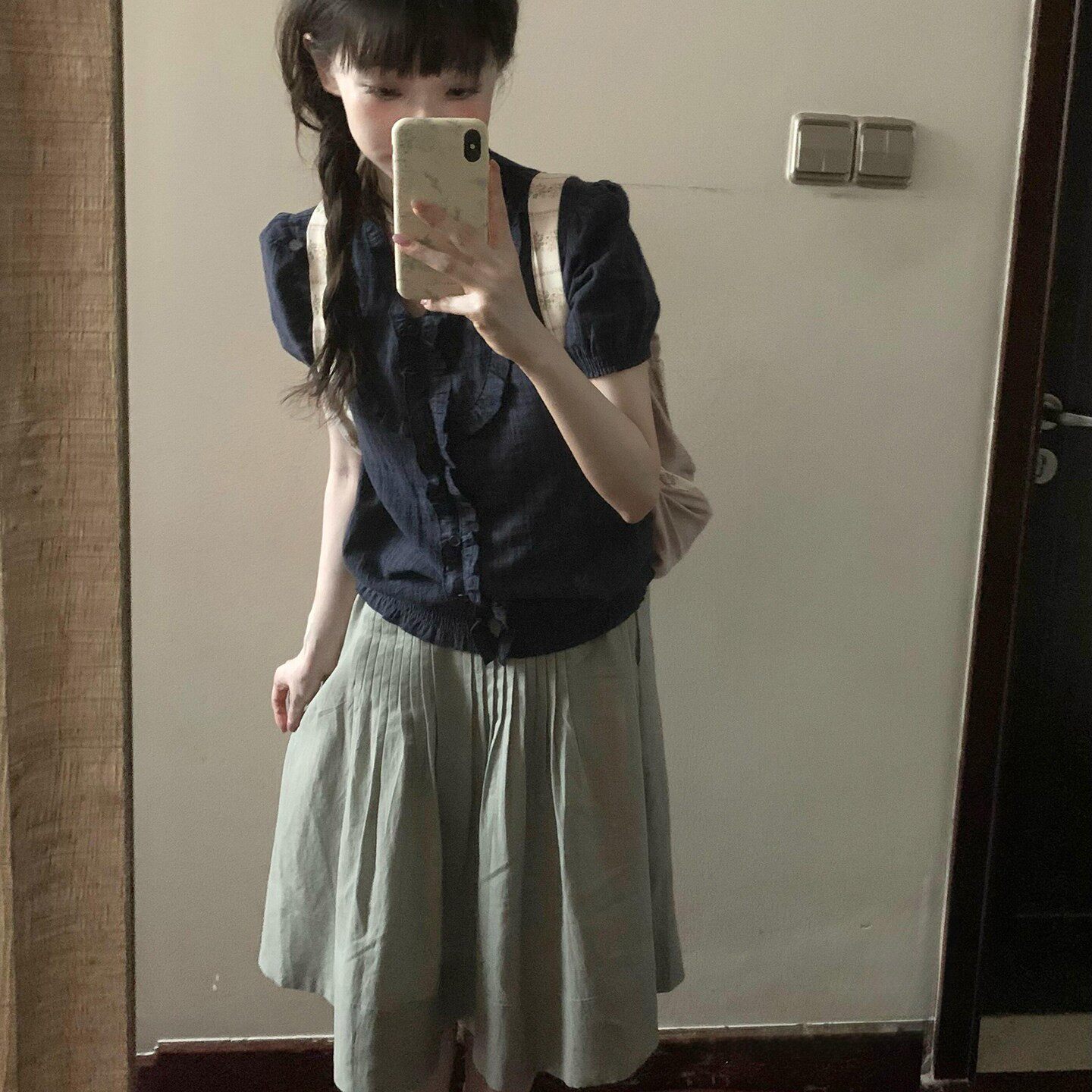 日系学院风木耳边短袖衬衫套装女夏季亚麻小个子a字半身裙两件套