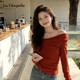 修身 拉夏贝尔纯欲一字肩长袖 T恤女春2026新款 显瘦百搭露肩上衣女