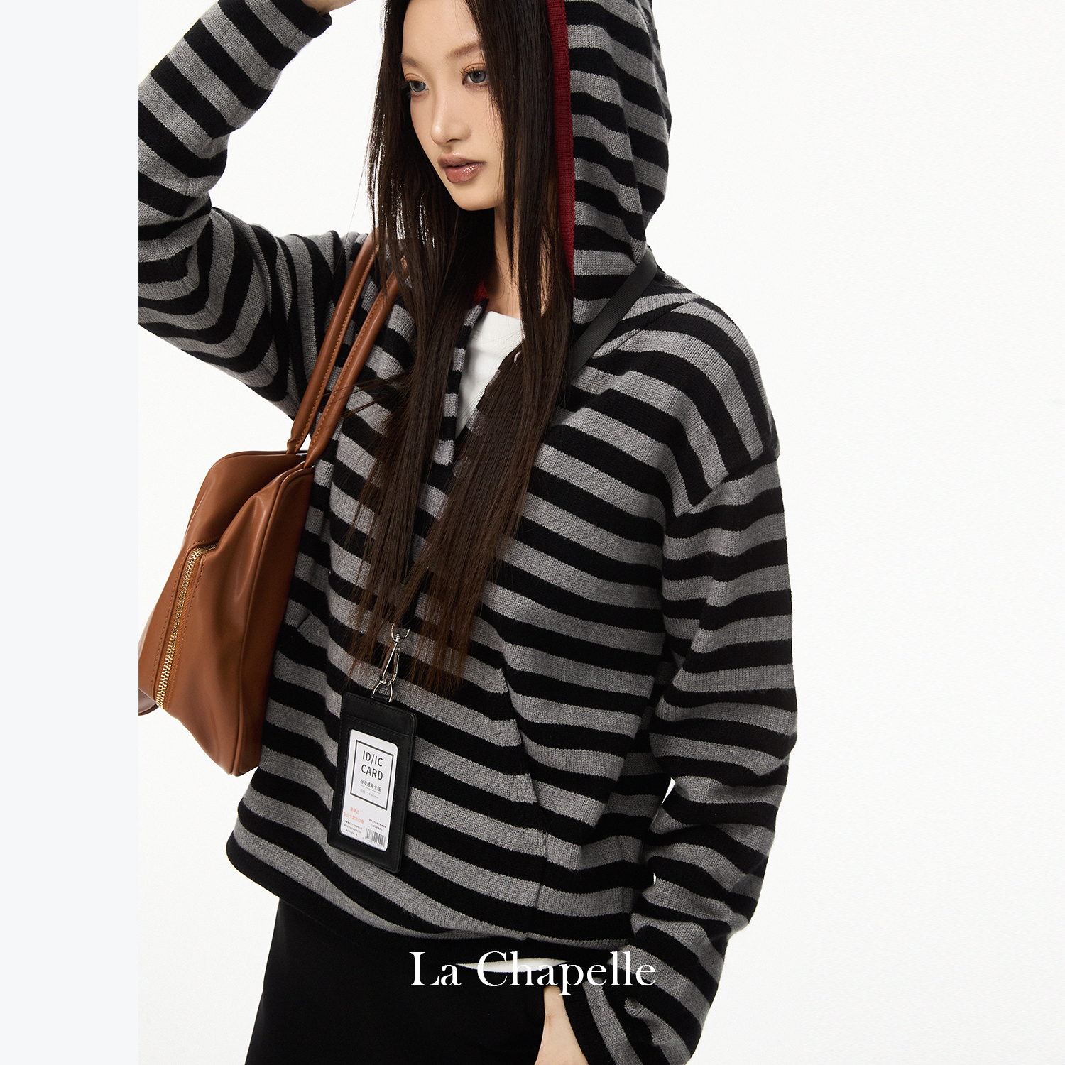 拉夏贝尔条纹连帽套头毛衣外套女