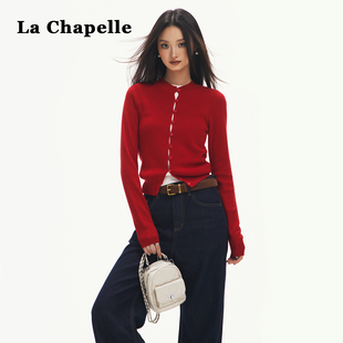 显瘦假两件上衣 chic修身 拉夏贝尔圆领红色针织开衫 女秋冬2025新款
