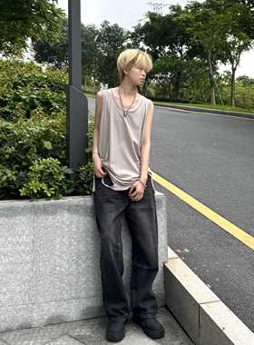 黑雾 korean暗黑先锋直筒牛仔裤水洗感耐磨黑色长裤