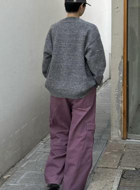 黑雾 korean韩风紫色多口袋工装裤垂感拖地长裤百搭情侣