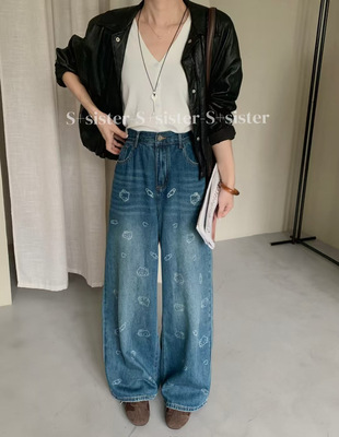 S+sister家19731#kt猫印花直筒裤 复古蓝 30-40码