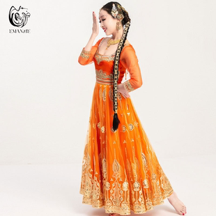 依曼印度舞演出服精品手工水钻刺绣大领子显瘦沙丽安娜连衣裙新款