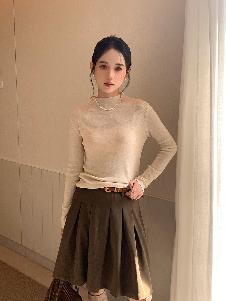 简约气质纯色半高领打底针织衫早春季新款修身显瘦长袖上衣