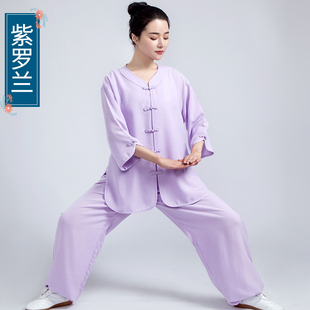 春夏季棉麻排汗太极服女短袖中老年圆领太极拳服练功晨练服中国风