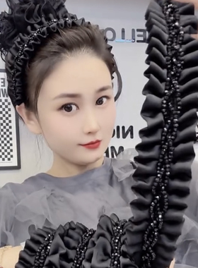 气质黑色高颅顶减龄头箍高黑球编织密褶发箍防滑带齿发卡高级感女