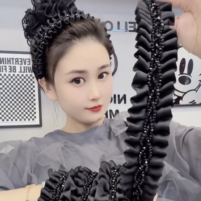 气质黑色高颅顶减龄头箍高黑球编织密褶发箍防滑带齿发卡高级感女