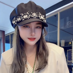 新款四季小蛮腰钻贝雷帽英伦复古画家帽显脸小百搭重工八角帽潮女