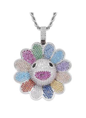 欧美项链男嘻哈太阳花吊坠微镶锆石潮牌个性七彩花朵可旋转吊坠