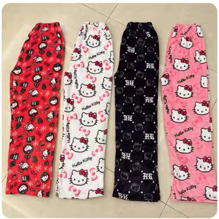 Thicken Hello Kitty Pajama Pants Sanrio Anime Fleece Double