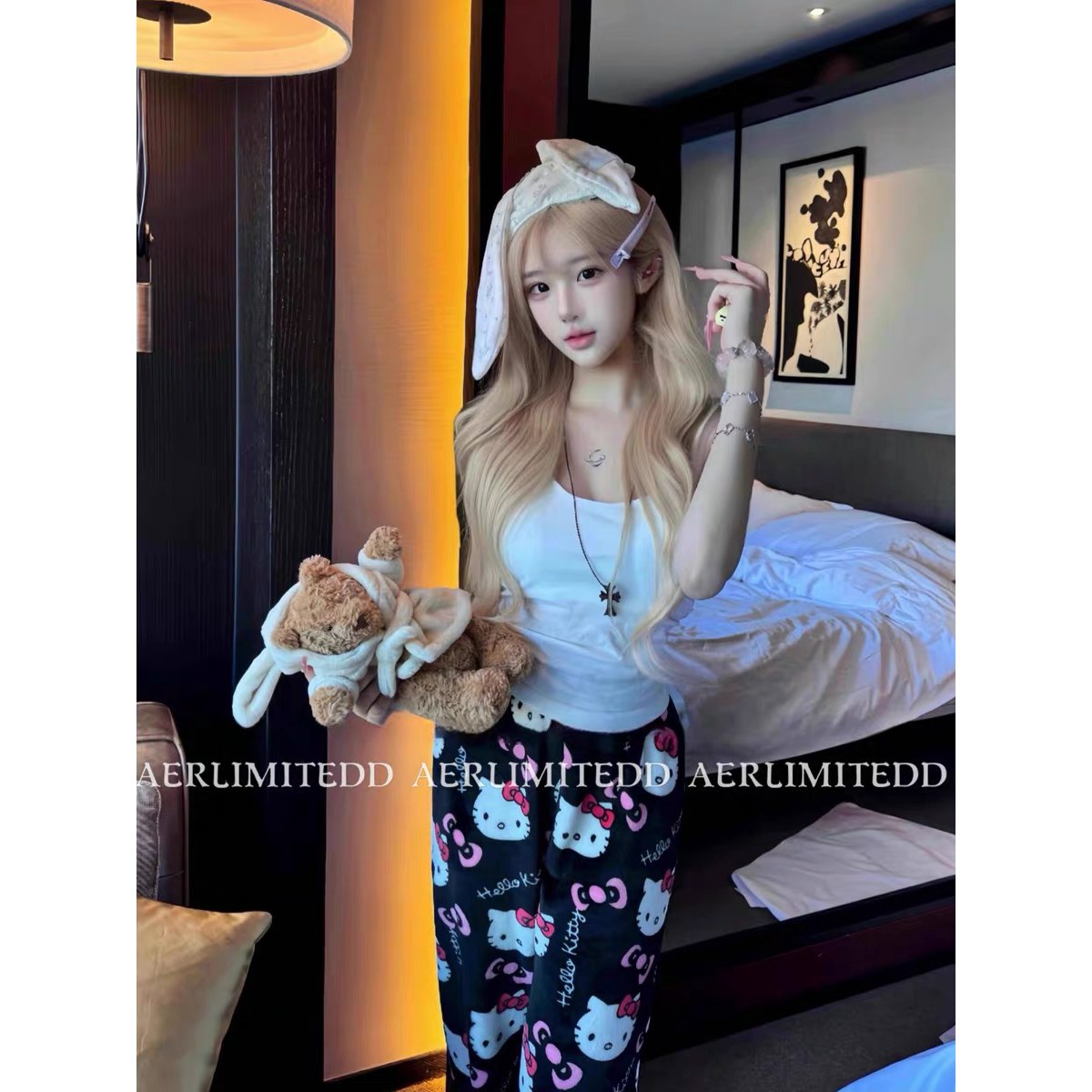 东南亚跨境希音Temu亚马逊TK外贸贴标家居服HelloKitty猫睡裤女士
