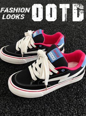 男鞋子闪电黑色帆布鞋男透气休闲滑板鞋男小众设计潮流运动鞋男