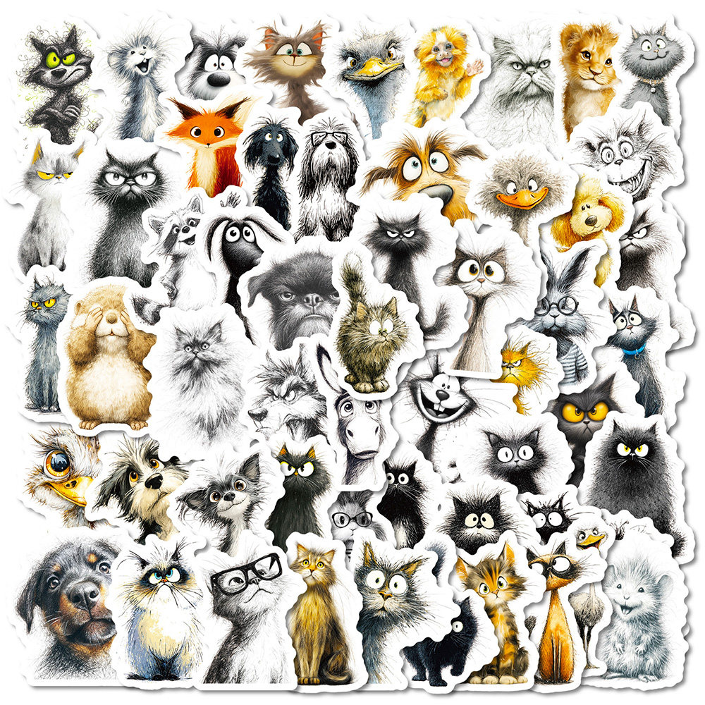 112张炸毛动物贴纸ins风简约创意小可爱猫咪小狗鸵鸟简笔画贴画