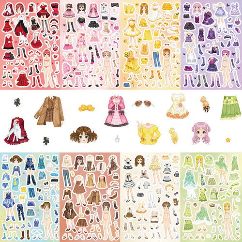 16张千禧风女孩换装拼图贴纸卡通可爱少女变装手工拼贴diy贴画