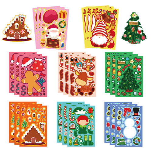 16张圣诞节拼图贴纸卡通节日主题系列趣味儿童手工拼贴diy贴画