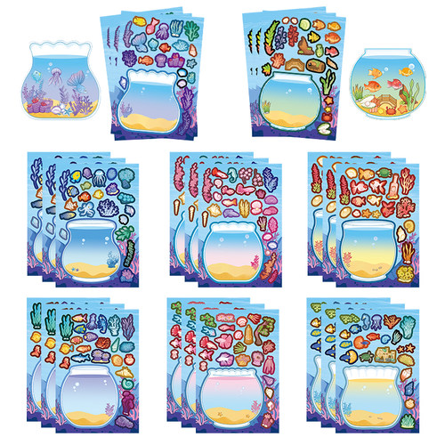 16张鱼缸拼图贴纸卡通可爱ins风笔记本手机壳行李箱diy贴饰
