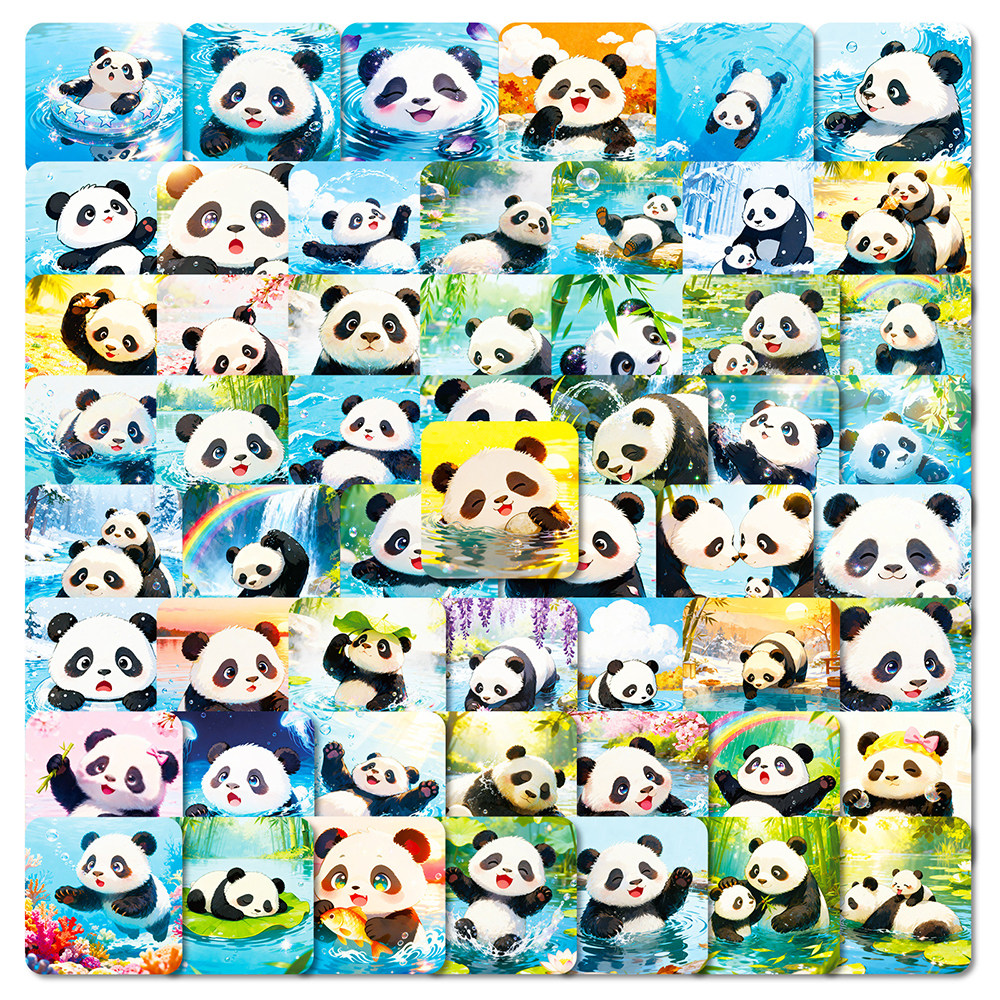 112张戏水熊猫贴纸卡通可爱手绘国宝贴画装饰手机水杯diy手账素材