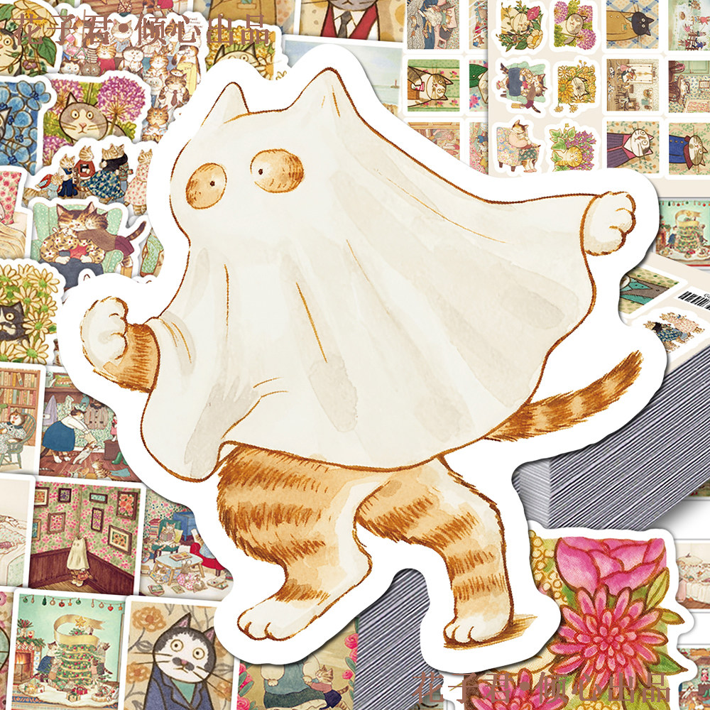 136张复古猫咪贴纸ins风可爱创意插画趣味小场景贴画diy桌面