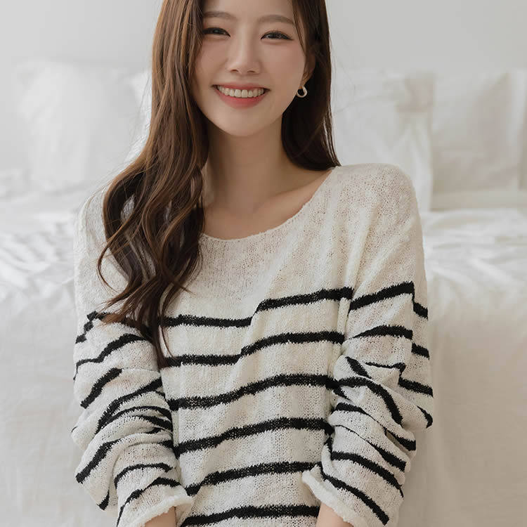 时尚起义韩国代购甜美2025夏新唇领卷边条纹宽松针织衫od25051216